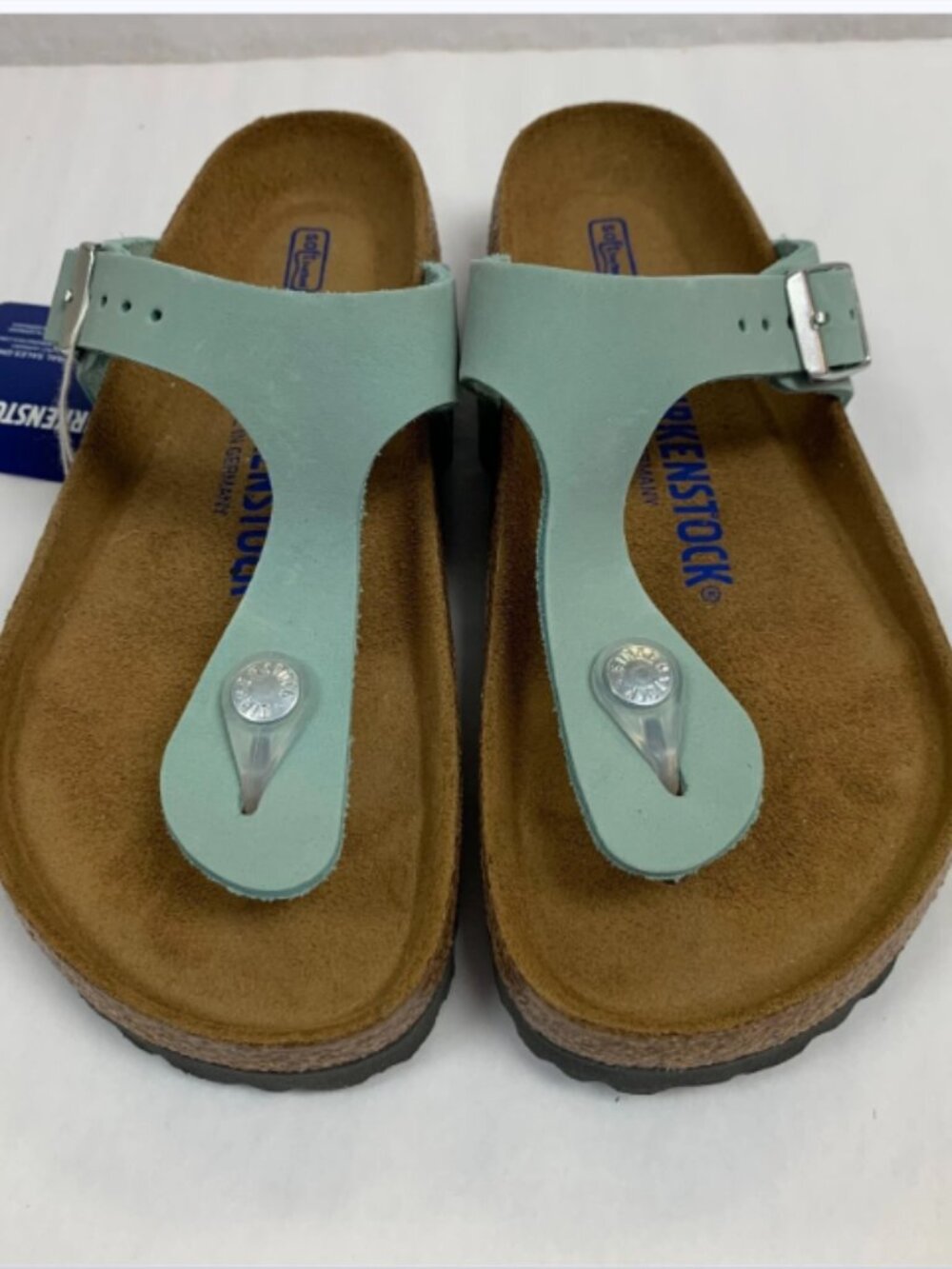 Birkenstock Gizeh Soft Footbed Faded Aqua Nubuck Leather Regular Width Sandals
